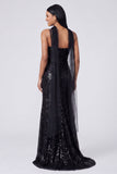 Abito Maxi con spalline spaghetti a paillettes e sirena gialla con fessura