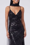 Abito Maxi con spalline spaghetti a paillettes e sirena gialla con fessura