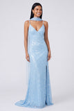 Abito Maxi con spalline spaghetti a paillettes e sirena gialla con fessura