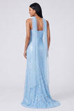 Abito Maxi con spalline spaghetti a paillettes e sirena gialla con fessura