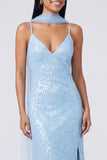 Abito Maxi con spalline spaghetti a paillettes e sirena gialla con fessura