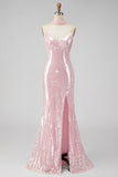 Abito Maxi con spalline spaghetti a paillettes e sirena gialla con fessura