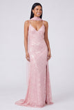 Abito Maxi con spalline spaghetti a paillettes e sirena gialla con fessura
