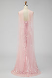 Abito Maxi con spalline spaghetti a paillettes e sirena gialla con fessura