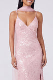 Abito Maxi con spalline spaghetti a paillettes e sirena gialla con fessura