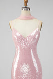 Abito Maxi con spalline spaghetti a paillettes e sirena gialla con fessura