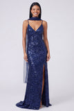 Abito Maxi con spalline spaghetti a paillettes e sirena gialla con fessura
