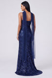 Abito Maxi con spalline spaghetti a paillettes e sirena gialla con fessura