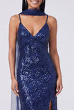 Abito Maxi con spalline spaghetti a paillettes e sirena gialla con fessura