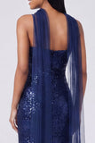 Abito Maxi con spalline spaghetti a paillettes e sirena gialla con fessura