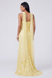 Abito Maxi con spalline spaghetti a paillettes e sirena gialla con fessura