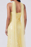 Abito Maxi con spalline spaghetti a paillettes e sirena gialla con fessura