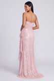 Abito cerimonia a sirena senza spalline rosa chiaro con paillettes