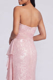 Abito cerimonia a sirena senza spalline rosa chiaro con paillettes