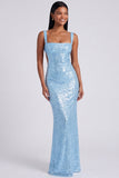 Abito elegante Sirena azzurro chiaro con scollo quadrato e paillettes