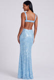 Abito elegante Sirena azzurro chiaro con scollo quadrato e paillettes