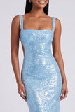 Abito elegante Sirena azzurro chiaro con scollo quadrato e paillettes