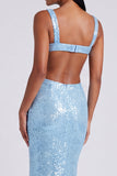Abito elegante Sirena azzurro chiaro con scollo quadrato e paillettes