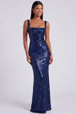 Abito elegante Sirena azzurro chiaro con scollo quadrato e paillettes