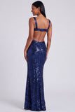 Abito elegante Sirena azzurro chiaro con scollo quadrato e paillettes