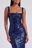 Abito elegante Sirena azzurro chiaro con scollo quadrato e paillettes