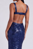 Abito elegante Sirena azzurro chiaro con scollo quadrato e paillettes
