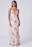 Abito floreale Maxi Mermaid White Pink con paillettes