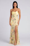 Abito Maxi a fiori Sirena Giallo senza spalline con fessura