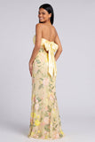 Abito Maxi a fiori Sirena Giallo senza spalline con fessura