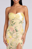 Abito Maxi a fiori Sirena Giallo senza spalline con fessura