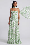 Abito Maxi Floreale A String Verde Chiaro senza spalline con sciarpa
