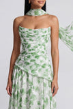 Abito Maxi Floreale A String Verde Chiaro senza spalline con sciarpa