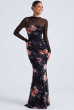Abito elegante nero a maniche lunghe a maniche a forma sirena con scollo floreale e illusione