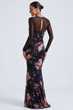 Abito elegante nero a maniche lunghe a maniche a forma sirena con scollo floreale e illusione