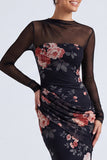 Abito elegante nero a maniche lunghe a maniche a forma sirena con scollo floreale e illusione