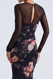 Abito elegante nero a maniche lunghe a maniche a forma sirena con scollo floreale e illusione