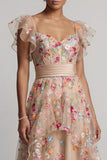 Corsetto Champagne in tulle a linea A ricamato Fioreli High-Low Abito della Madre della Sposa