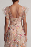 Corsetto Champagne in tulle a linea A ricamato Fioreli High-Low Abito della Madre della Sposa