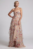 Abito floreale Madre della sposa a spalle scoperte alto e basso Champagne A-line Tulle