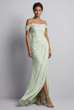 Abito Madre della Sposa Lungo Verde Chiaro Arricciato Fiore di Sirena