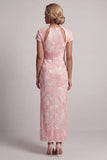 Blush scintillante Fodere lungo maniche corte Abito con perline a serratura