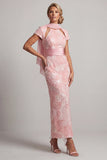 Blush scintillante Fodere lungo maniche corte Abito con perline a serratura