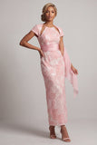 Blush scintillante Fodere lungo maniche corte Abito con perline a serratura