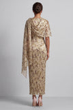 Vestito floreale lungo con perline di champagne con mantello e