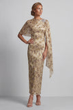 Vestito floreale lungo con perline di champagne con mantello e