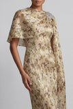 Vestito floreale lungo con perline di champagne con mantello e