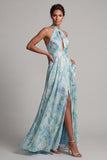 Vestito Verde Chiaro A Line Floreale Lungo Abito Madre della Sposa con tasche
