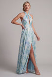 Vestito Verde Chiaro A Line Floreale Lungo Abito Madre della Sposa con tasche