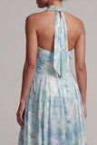 Vestito Verde Chiaro A Line Floreale Lungo Abito Madre della Sposa con tasche