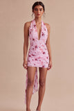 Mini abito cocktail in chiffon aderente con scollo floreale rosa e fiocco
